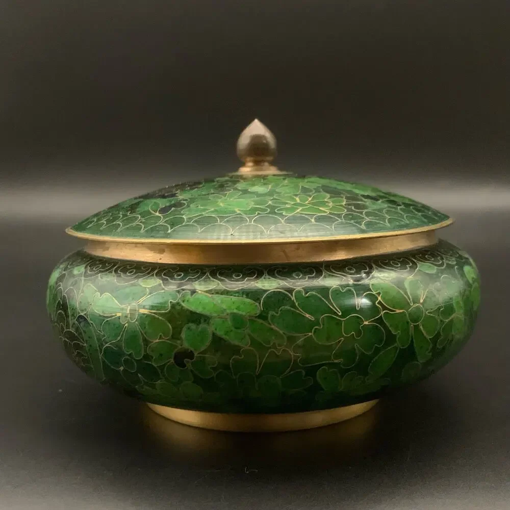 Chinese Cloisonne Bowl w/ Lid Enamel Over Brass Green Champleve Floral Leaf - Picture 7 of 16